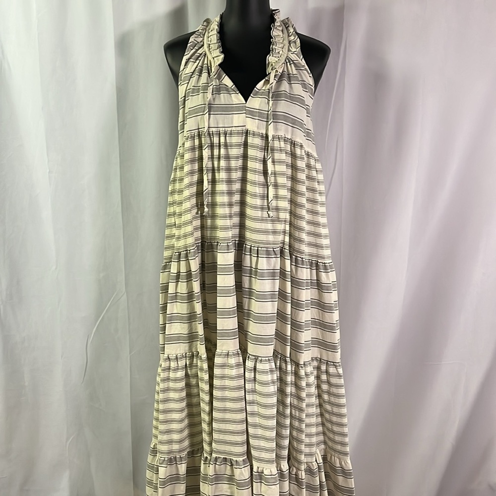 NWT StitchDrop Cream & Black Striped Tiered Hem Sleeveless Cotton Midi Dress